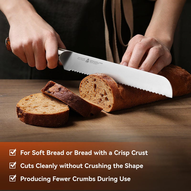 TUO Bread Knife, 9 inch Sharp Serrated Slicing Knife for Homemade Sourdough Bread, High Carbon German Steel, Ergonomic Handle, Gift Box Included - Image 3